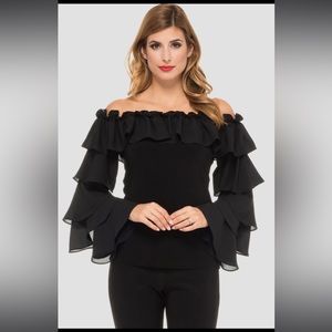 Joseph Ribkoff Black Tiered Off The Shoulder Ruffled Blouse Women Size L US